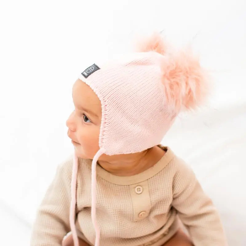 Baby Snap On Pom Poms Beanie with Strings Pink-Winter Beanies-Mix & Match baby beanie winter hat snap on removable pompom single or double by MKS Miminoo Arizona USA