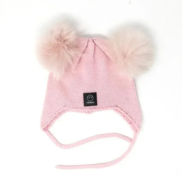Baby Snap On Pom Poms Beanie with Strings Pink-Winter Beanies-Mix & Match baby beanie winter hat snap on removable pompom single or double by MKS Miminoo Arizona USA