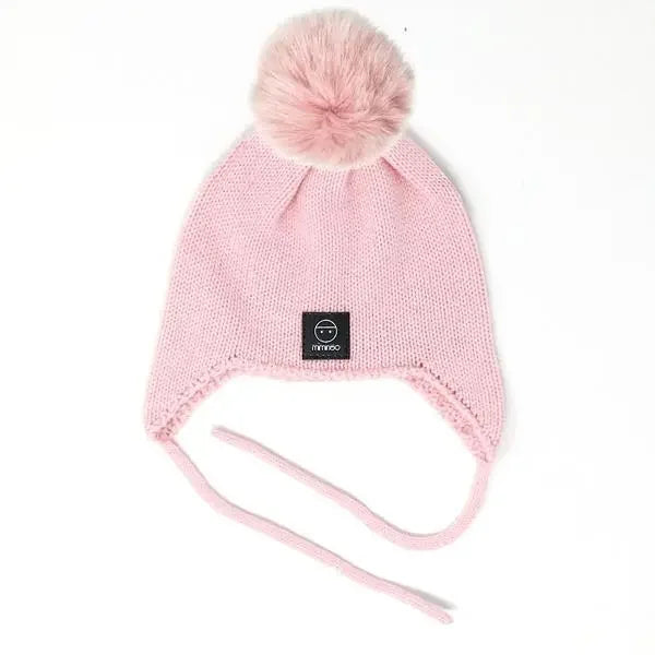 Baby Snap On Pom Poms Beanie with Strings Pink-Winter Beanies-Mix & Match baby beanie winter hat snap on removable pompom single or double by MKS Miminoo Arizona USA