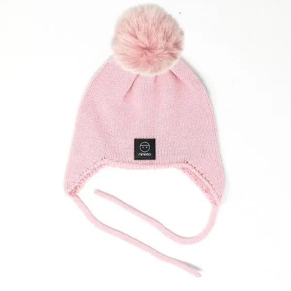 Baby Snap On Pom Poms Beanie with Strings Pink-Winter Beanies-Mix & Match baby beanie winter hat snap on removable pompom single or double by MKS Miminoo Arizona USA