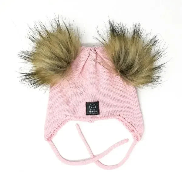 Baby Snap On Pom Poms Beanie with Strings Pink-Winter Beanies-Mix & Match baby beanie winter hat snap on removable pompom single or double by MKS Miminoo Arizona USA