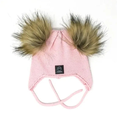 Baby Snap On Pom Poms Beanie with Strings Pink-Winter Beanies-Mix & Match baby beanie winter hat snap on removable pompom single or double by MKS Miminoo Arizona USA