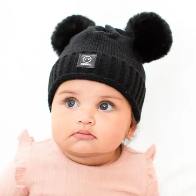 Baby snap on double pom poms beanie Merino wool Timeless Black-Winter Hats-Mix & Match baby beanie winter hat snap on removable pompom single or double by MKS Miminoo Arizona USA