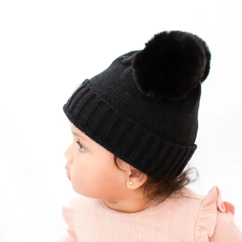 Baby snap on double pom poms beanie Merino wool Timeless Black-Winter Hats-Mix & Match baby beanie winter hat snap on removable pompom single or double by MKS Miminoo Arizona USA