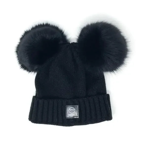 Baby snap on double pom poms beanie Merino wool Timeless Black-Winter Hats-Mix & Match baby beanie winter hat snap on removable pompom single or double by MKS Miminoo Arizona USA