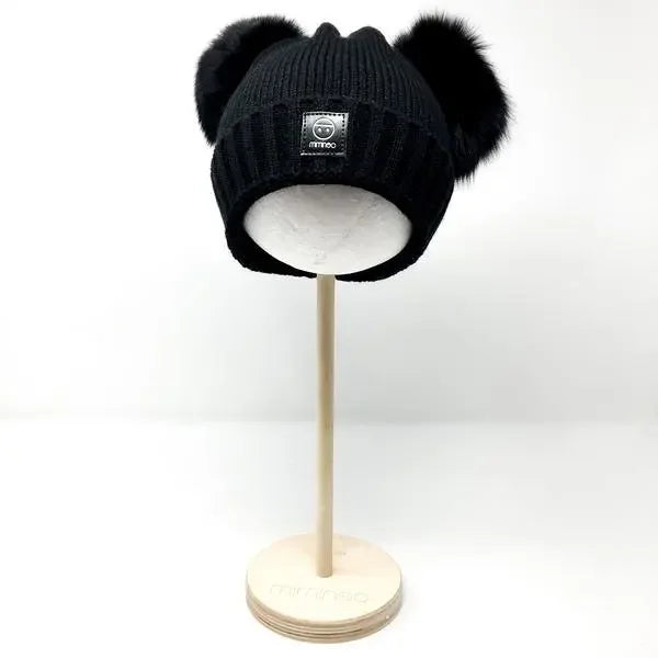 Baby snap on double pom poms beanie Merino wool Timeless Black-Winter Hats-Mix & Match baby beanie winter hat snap on removable pompom single or double by MKS Miminoo Arizona USA