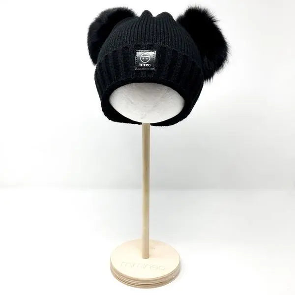 Baby snap on double pom poms beanie Merino wool Timeless Black-Winter Hats-Mix & Match baby beanie winter hat snap on removable pompom single or double by MKS Miminoo Arizona USA