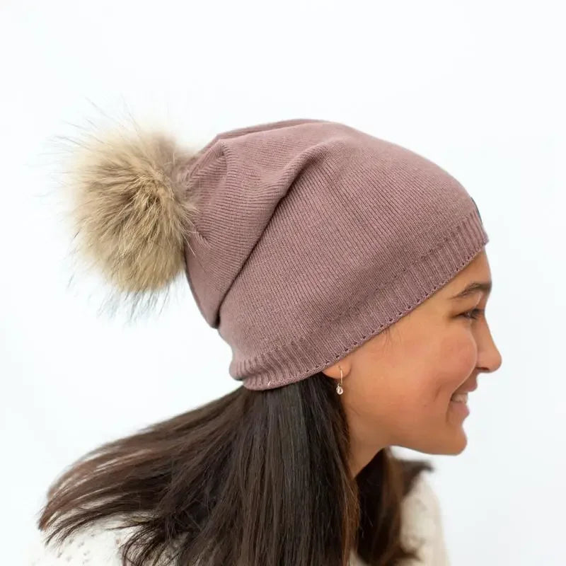 Brown Angora Slouchy Beanie with Large Snap On Pom Pom-Winter Beanies-Mix & Match baby beanie winter hat snap on removable pompom single or double by MKS Miminoo Arizona USA