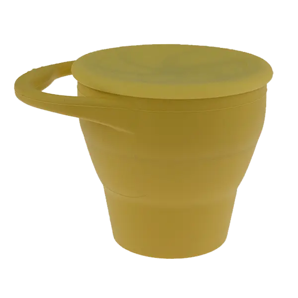 Collapsible Silicone Snack Cup in Mustard A SNACK CUP by MKS Unbreakable, durable and low maintenance dinnerware by MKS Distribution LLC Gilbert Phoenix USA. Modern trendy minimalist design.