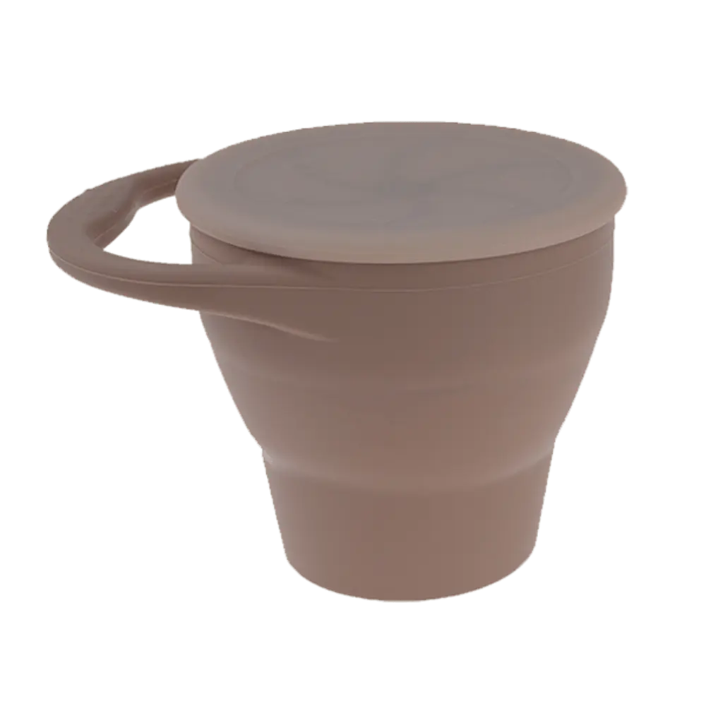 Collapsible Silicone Snack Cup in Taupe A SNACK CUP by MKS Unbreakable, durable and low maintenance dinnerware by MKS Distribution LLC Gilbert Phoenix USA. Modern trendy minimalist design.