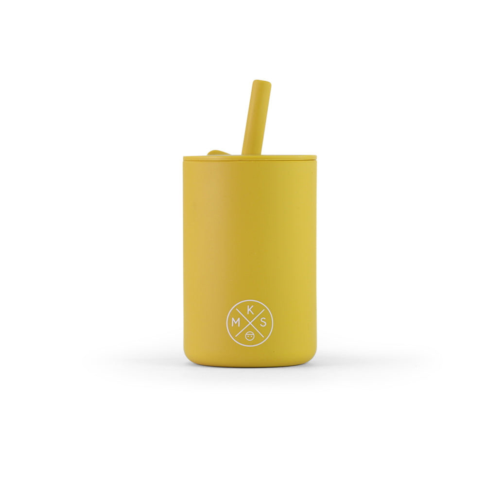 Drinking cup with straw babies toddlers kids silicone reusable durable unbreakable dinnerware mks miminoo arizona usa mustard yellow