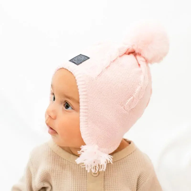 Merino Baby Fleece Lining Beanie Single Faux Fur Snap On Pom Pink - MKS Miminoo