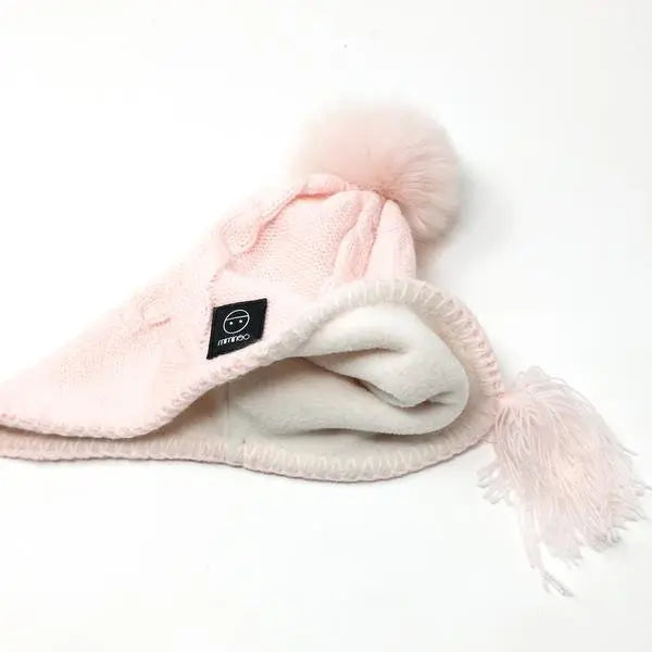 Merino Baby Fleece Lining Beanie Single Faux Fur Snap On Pom Pink - MKS Miminoo