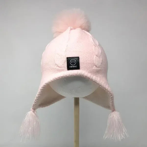 Merino Baby Fleece Lining Beanie Single Faux Fur Snap On Pom Pink - MKS Miminoo