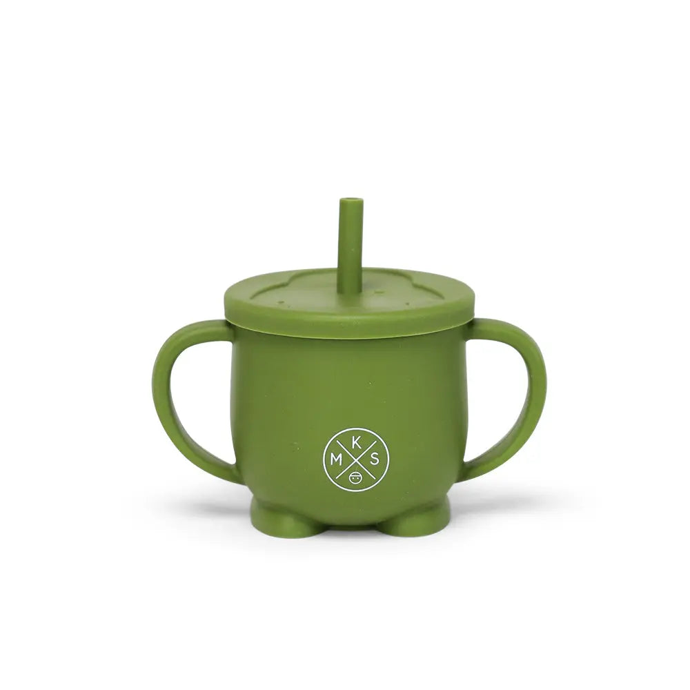 Silicone Penguin baby toddler kids cup with straw lid MKS Miminoo USA unbreakable durable dinnerware mug with handles for boys and girls army green 