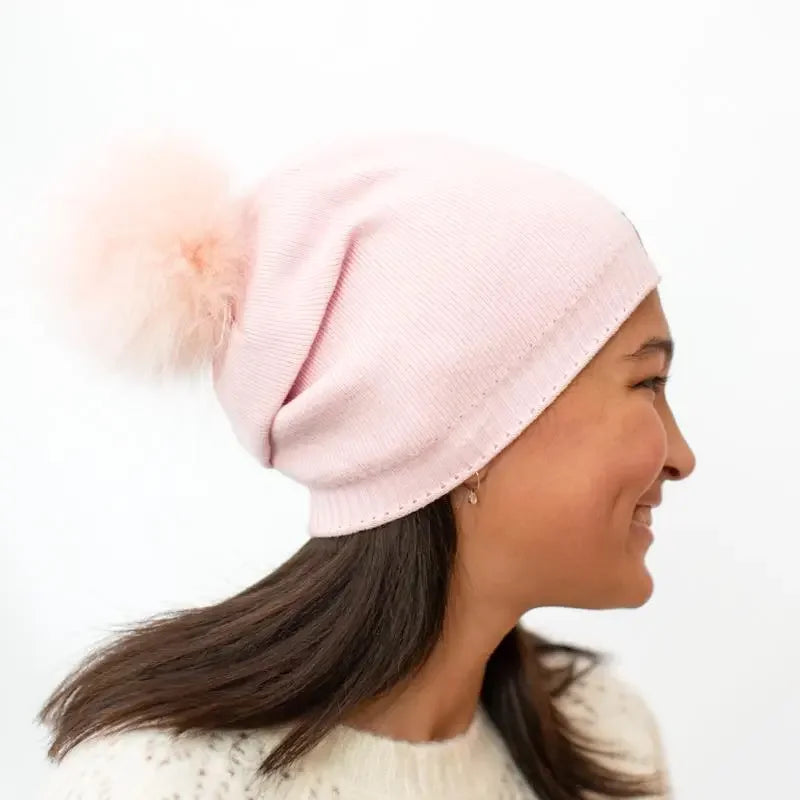 Pink Angora Slouchy Beanie with Large Snap On Pom Pom - MKS Miminoo