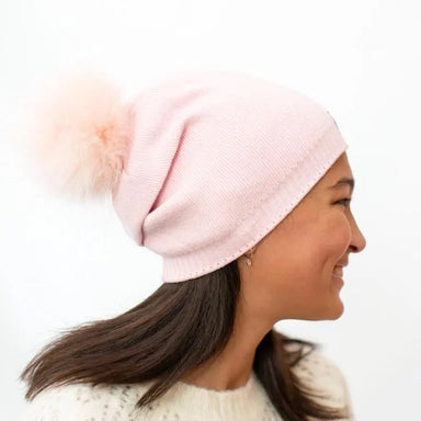 Pink Angora Slouchy Beanie with Large Snap On Pom Pom - MKS Miminoo