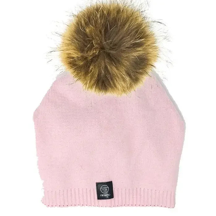 Pink Angora Slouchy Beanie with Large Snap On Pom Pom - MKS Miminoo