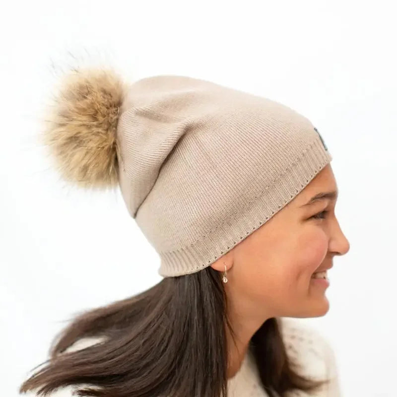 Sand Angora Slouchy Beanie with Large Snap On Pom Pom - MKS Miminoo