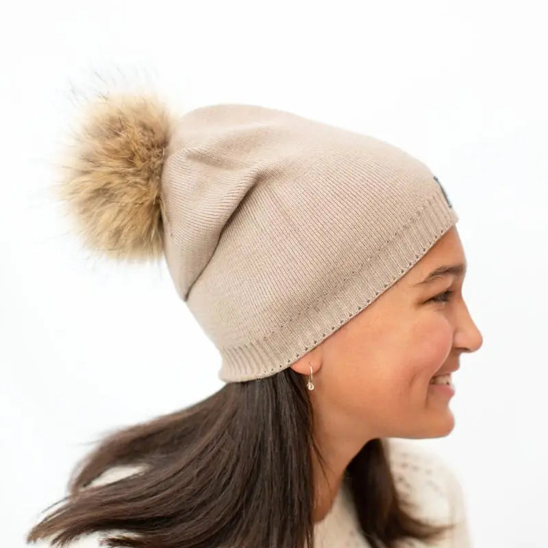 Sand Angora Slouchy Beanie with Large Snap On Pom Pom - MKS Miminoo