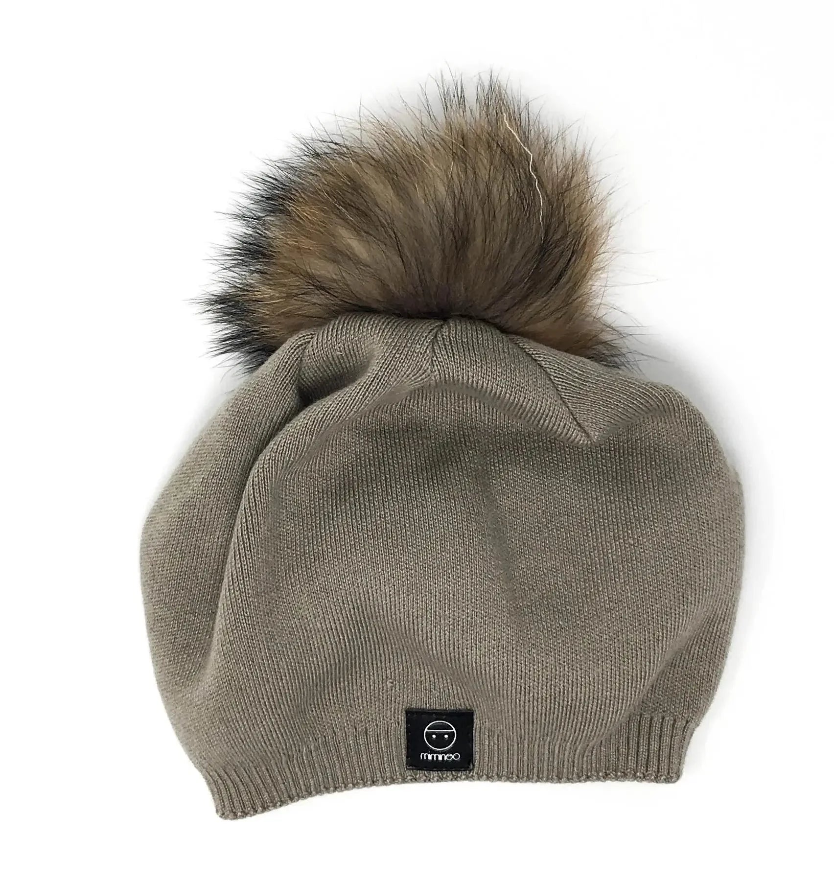 Sand Angora Slouchy Beanie with Large Snap On Pom Pom - MKS Miminoo