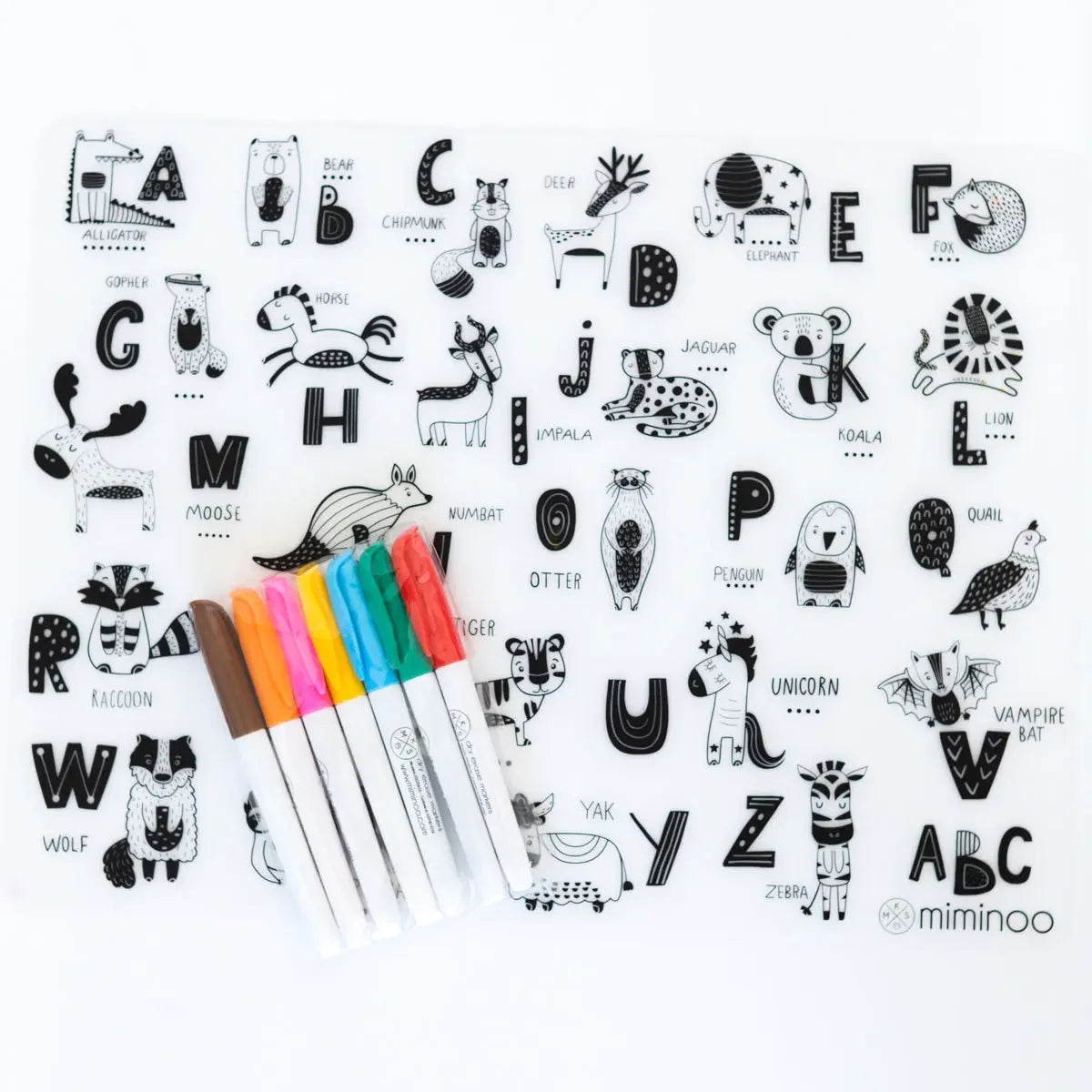 Silicone Reusable Coloring Mat & Markers Set - ABC Animals - MKS Miminoo