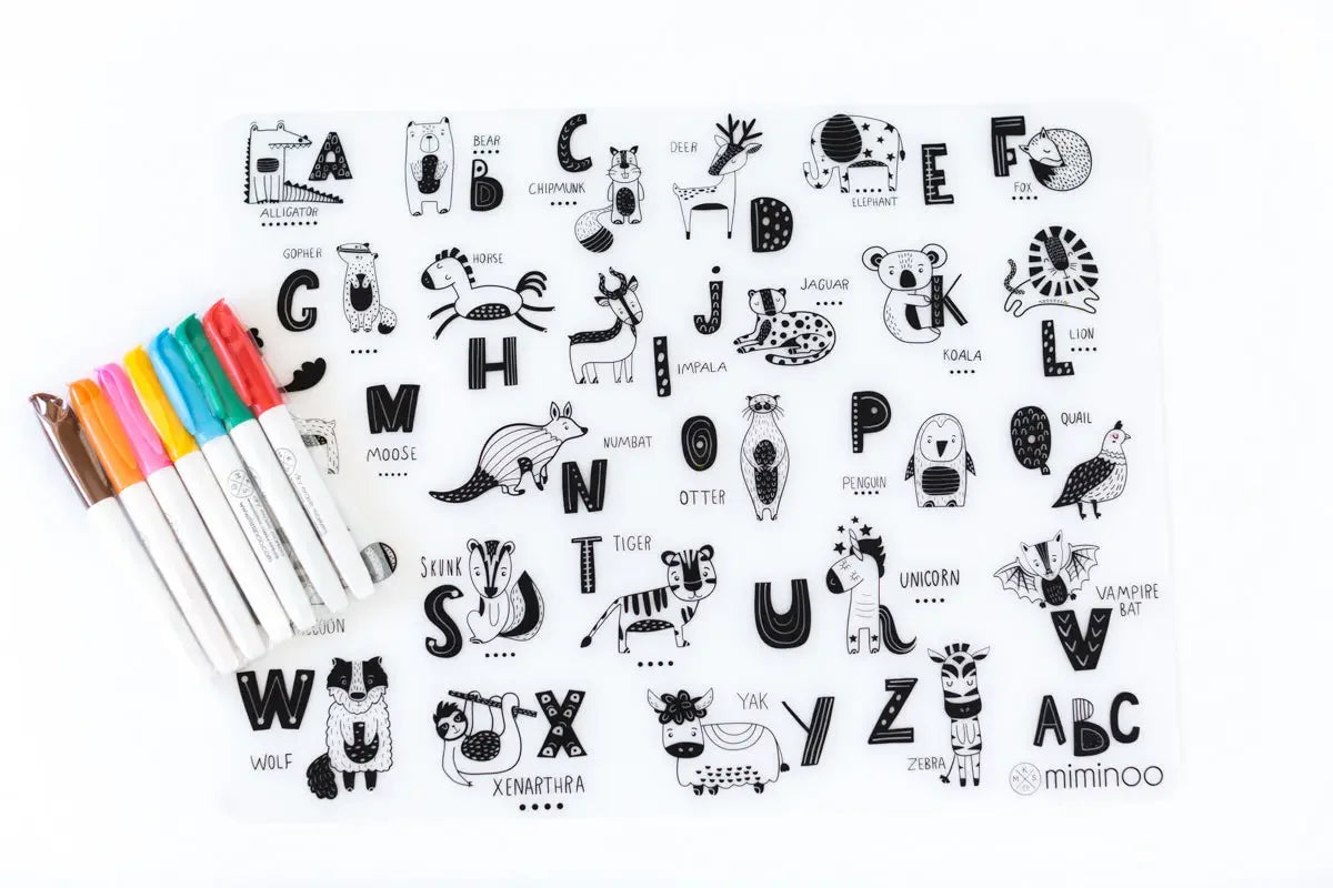 Silicone Reusable Coloring Mat & Markers Set - ABC Animals - MKS Miminoo