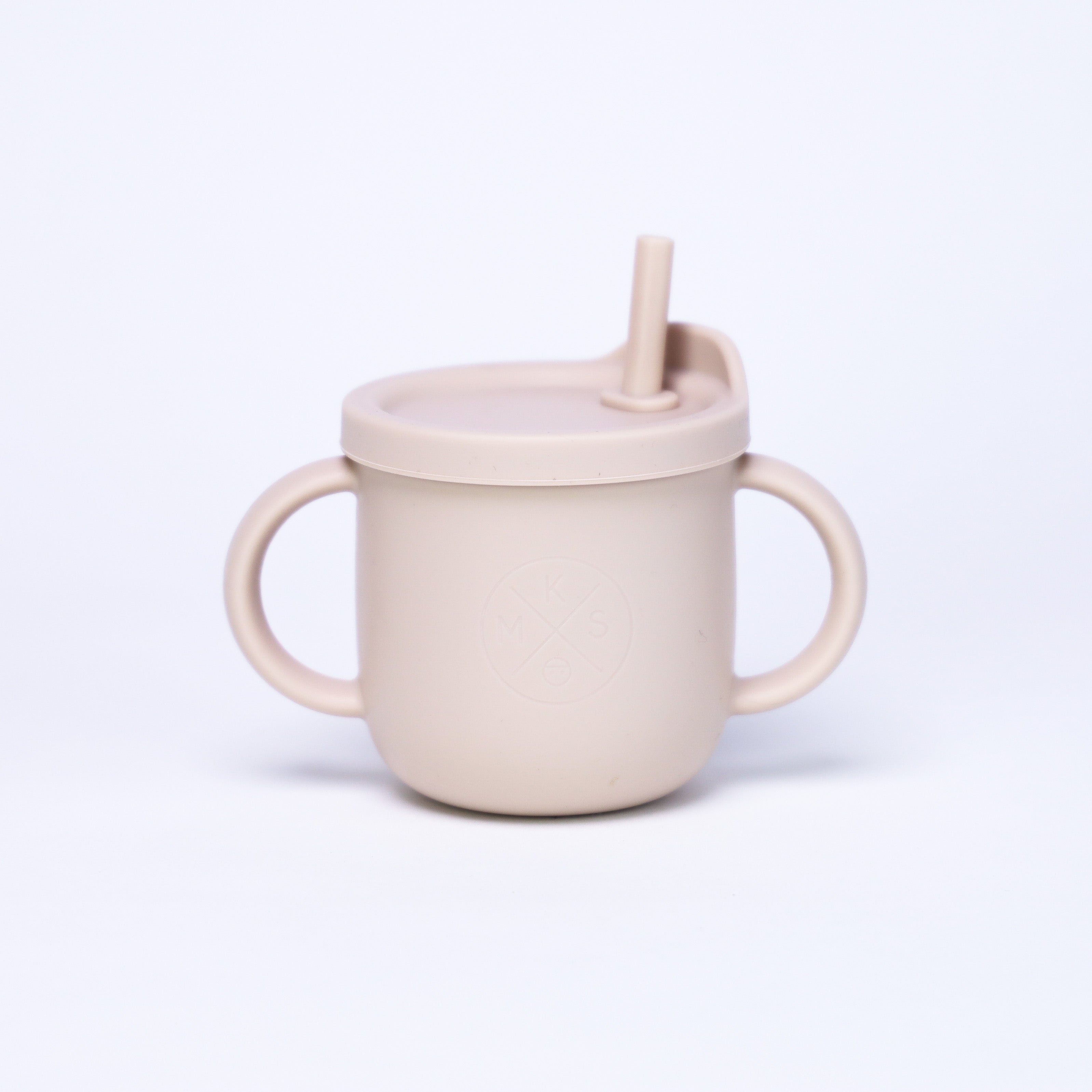 Silicone all in one cup sippy snack baby toddler kids cup with straw lid MKS Miminoo USA unbreakable durable dinnerware cream beige
