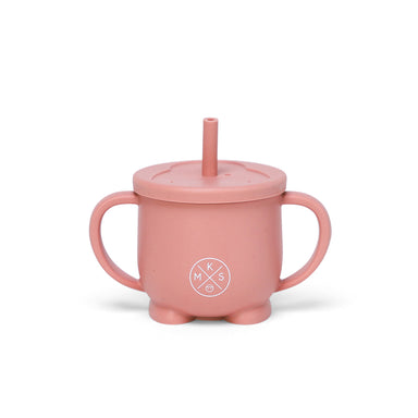 Silicone Penguin baby toddler kids cup with straw lid MKS Miminoo USA unbreakable durable dinnerware mug with handles for boys and girls dusty pink