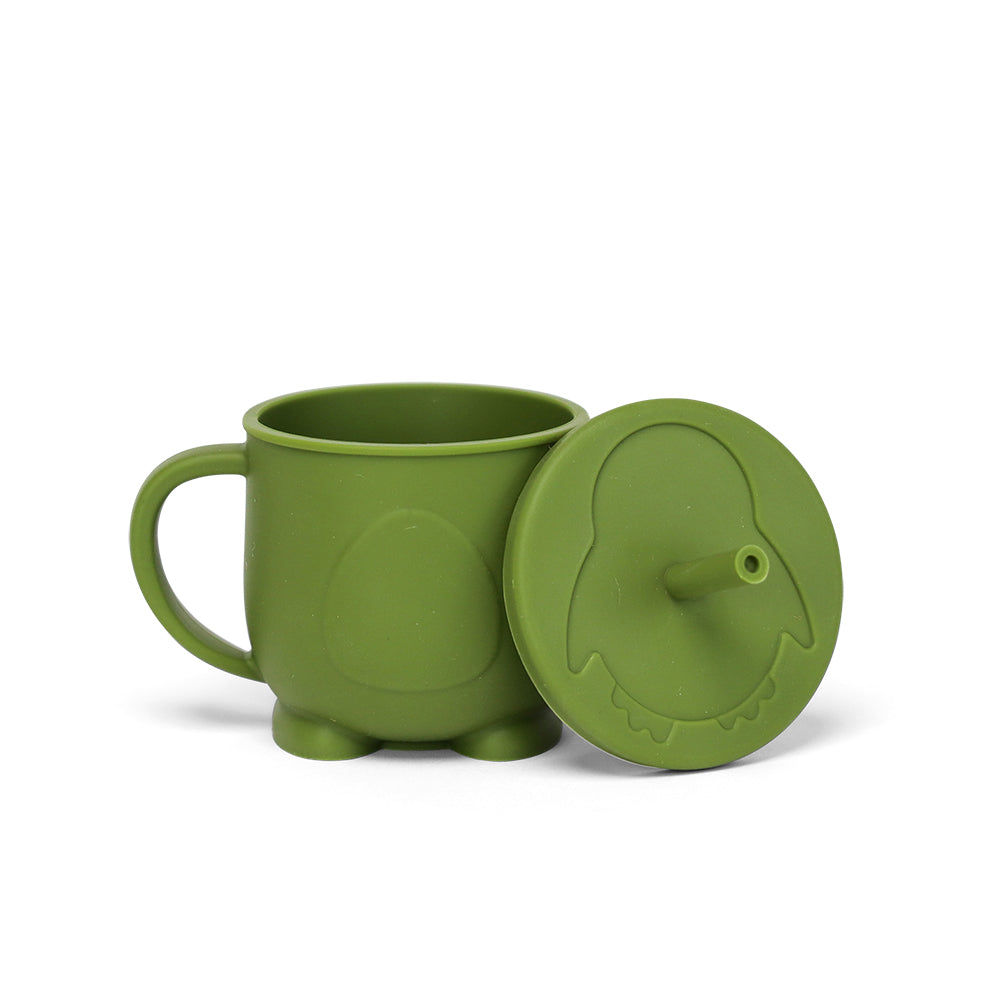 Silicone Penguin baby toddler kids cup with straw lid MKS Miminoo USA unbreakable durable dinnerware mug with handles for boys and girls army green 