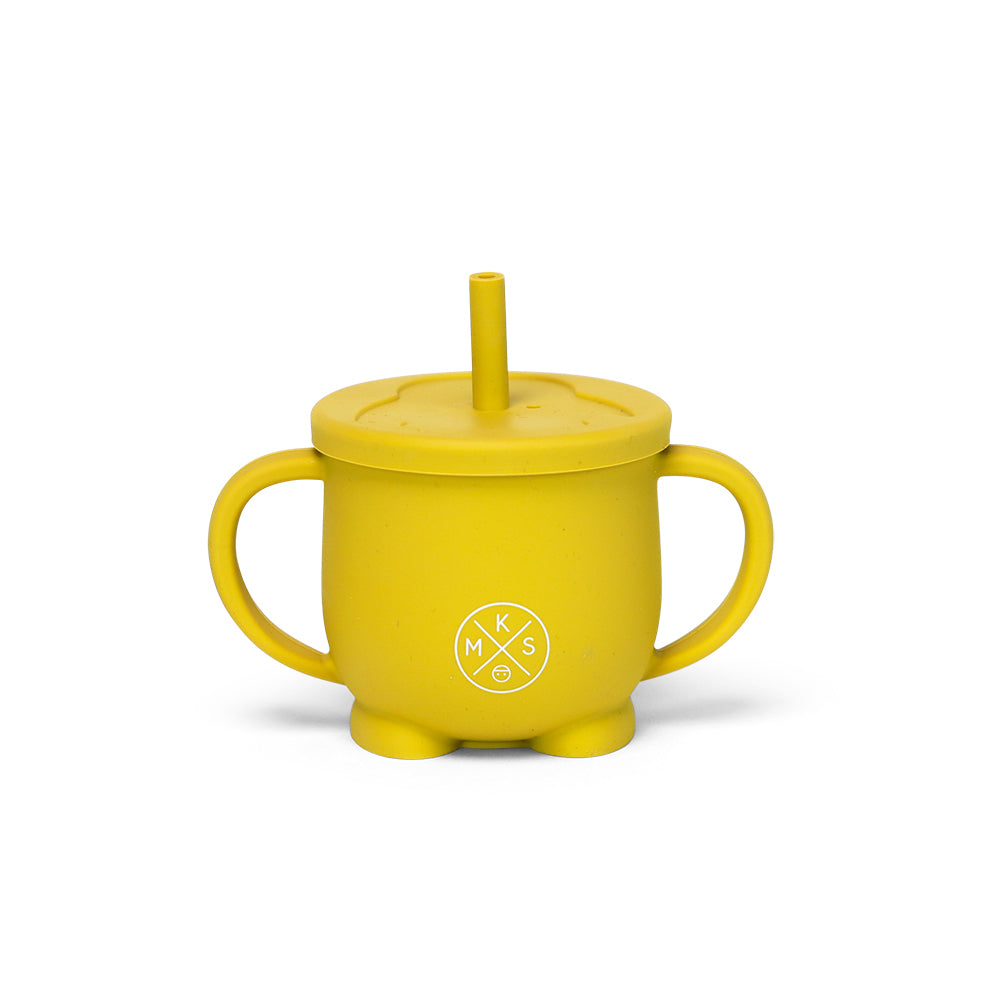 Silicone Penguin baby toddler kids cup with straw lid MKS Miminoo USA unbreakable durable dinnerware mug with handles for boys and girls mustard yellow