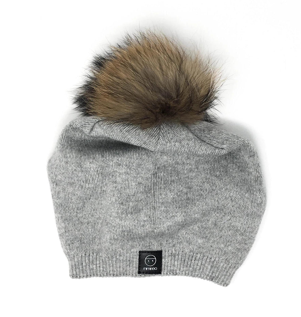 OHCOXOC Real Fur Pom Pom Grey Wool Baseball Cap Beanie With