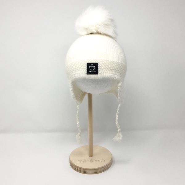 Baby Mink Snap On Pom Pom(s) Beanie in Ivory-Winter Beanies-Mix & Match baby beanie winter hat snap on removable pompom single or double by MKS Miminoo Arizona USA