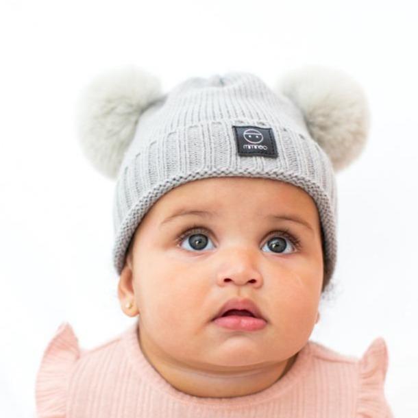 Baby snap on double pom poms beanie Merino wool Timeless Grey-Winter Beanies-Mix & Match baby beanie winter hat snap on removable pompom single or double by MKS Miminoo Arizona USA