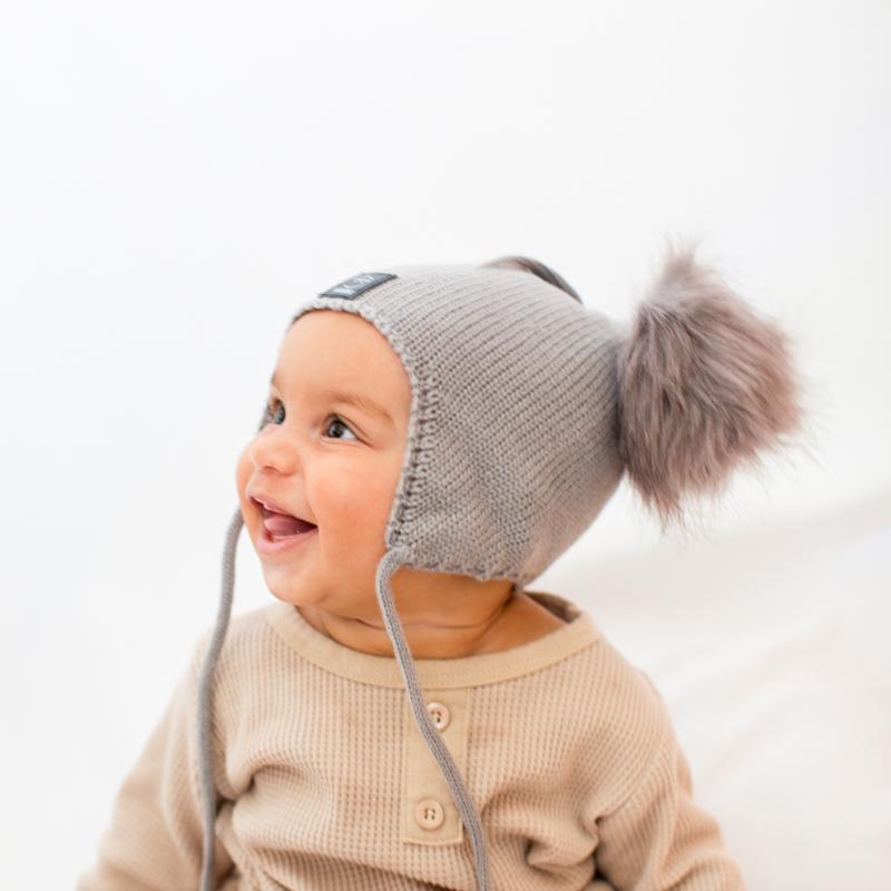 Baby Snap On Pom Poms Beanie with Strings Grey-Winter Beanies-Mix & Match baby beanie winter hat snap on removable pompom single or double by MKS Miminoo Arizona USA