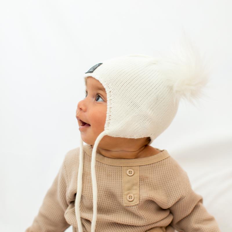 Baby Snap On Pom Poms Beanie with Strings Ivory-Winter Beanies-Mix & Match baby beanie winter hat snap on removable pompom single or double by MKS Miminoo Arizona USA