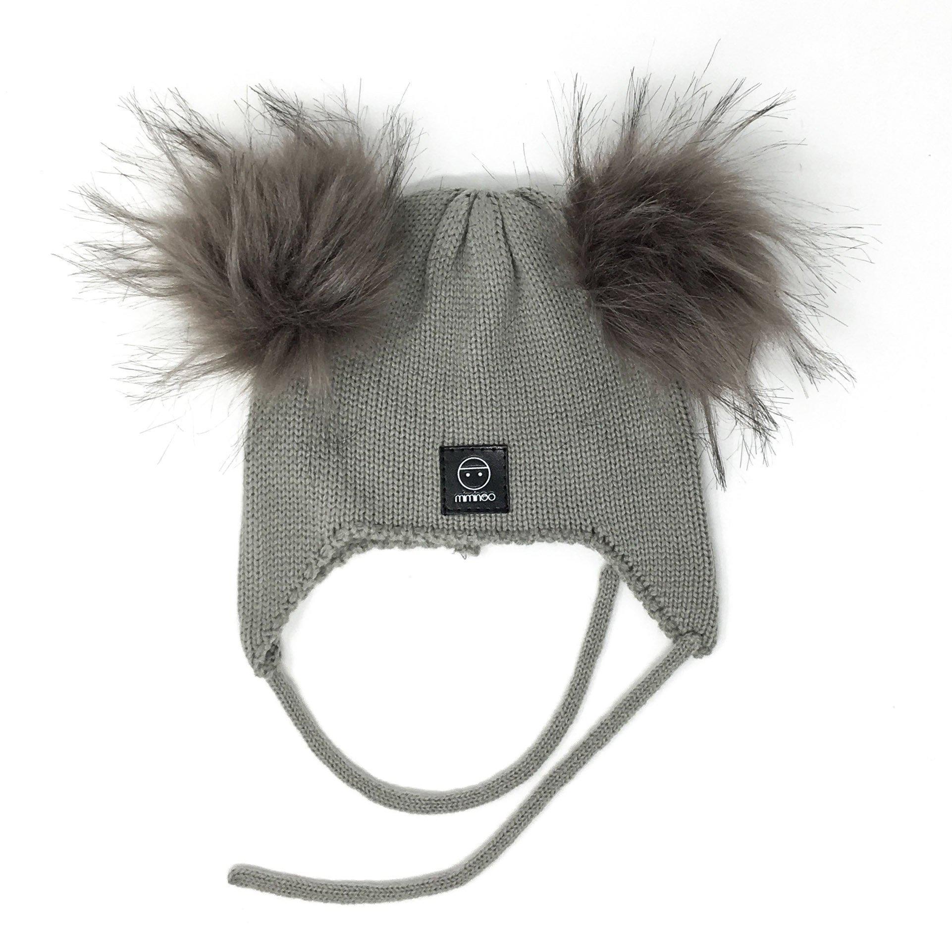 Baby Snap On Pom Poms Beanie with Strings Grey-Winter Beanies-Mix & Match baby beanie winter hat snap on removable pompom single or double by MKS Miminoo Arizona USA