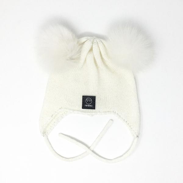 Baby Snap On Pom Poms Beanie with Strings Ivory