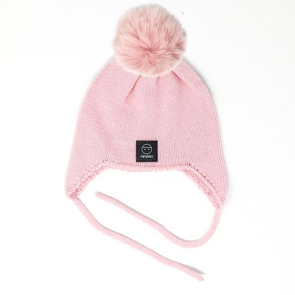 Baby Snap On Pom Poms Beanie with Strings Pink
