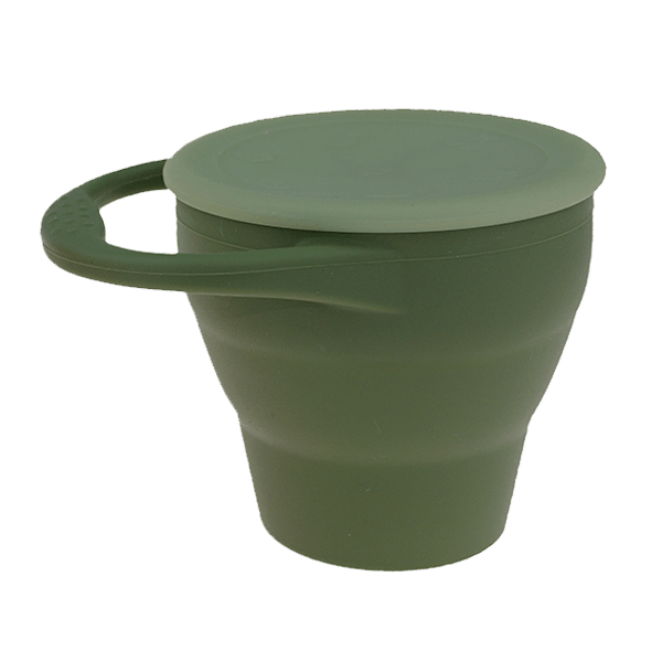 Collapsible Silicone Snack Cup in Army Green A SNACK CUP by MKS Unbreakable, durable and low maintenance dinnerware by MKS Distribution LLC Gilbert Phoenix USA. Modern trendy minimalist design.
