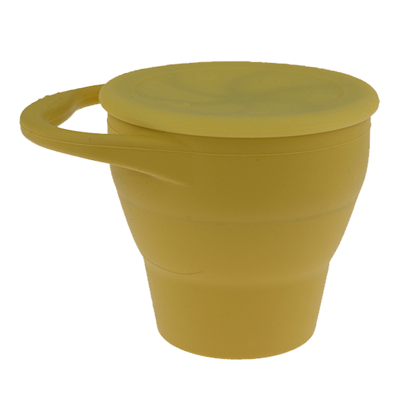 Collapsible Silicone Snack Cup in Mustard A SNACK CUP by MKS Unbreakable, durable and low maintenance dinnerware by MKS Distribution LLC Gilbert Phoenix USA. Modern trendy minimalist design.