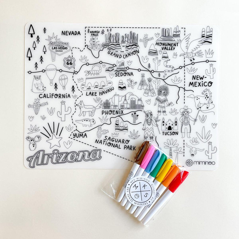 Silicone erasable and reusable coloring tablemat exclusive design arizona state map for kids with set of dry-erase markers for kids by Mks miminoo gilbert arizona