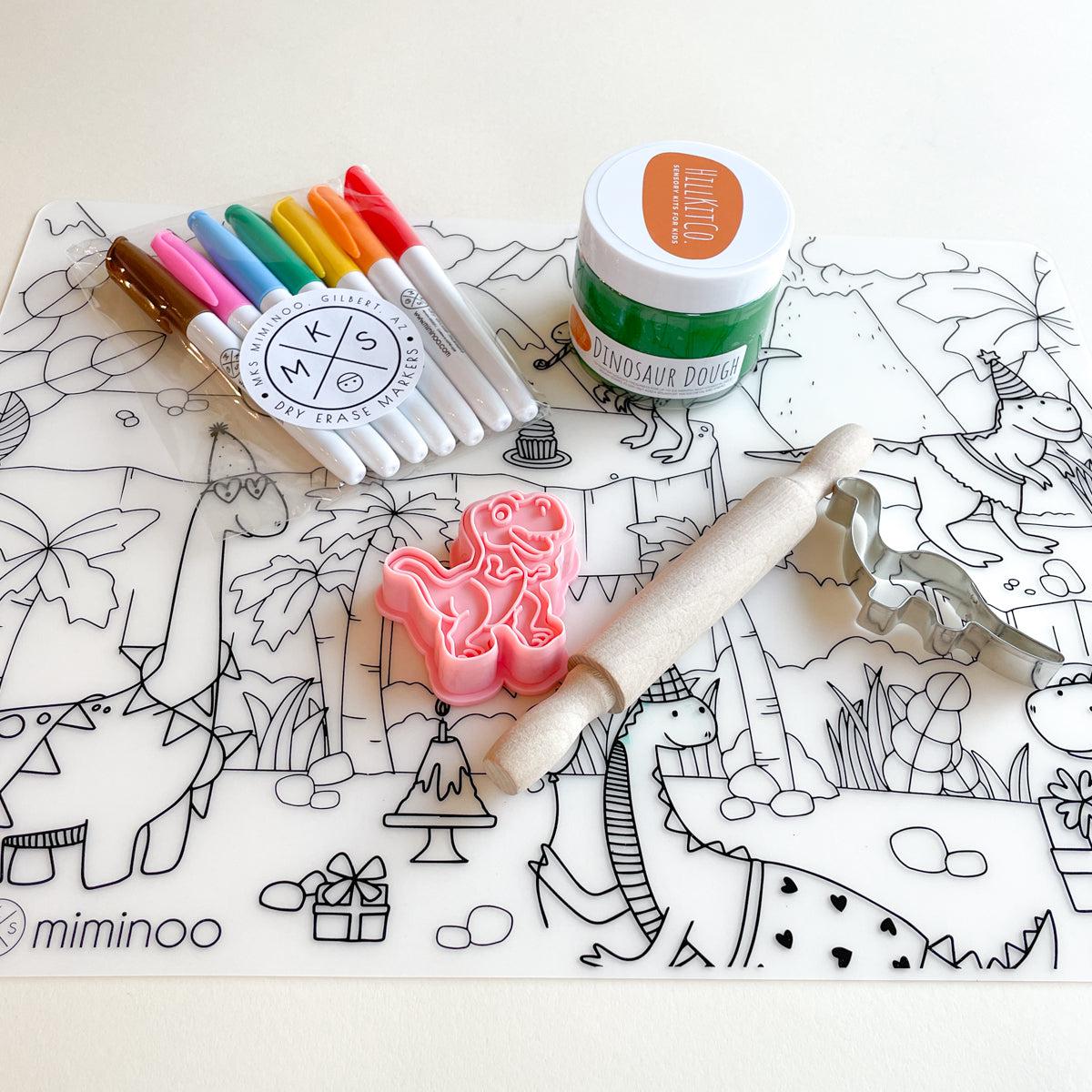 Silicone Reusable Coloring Tablemat Dinos Party Erasable dry-erase markers set by Miminoo Arizona USA