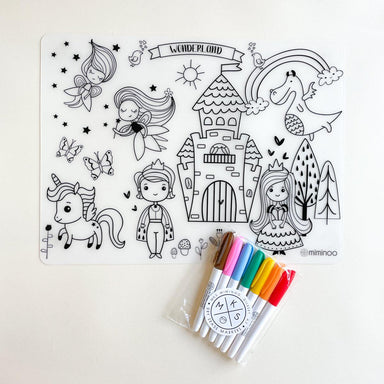 Silicone erasable and reusable coloring tablemat exclusive design Wonderland princess unicorn fairy for kids with set of dry-erase markers for kids by Mks miminoo gilbert arizona