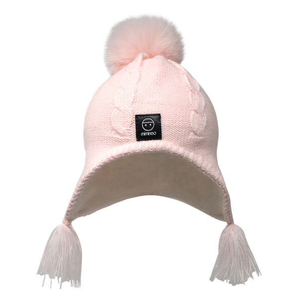 Blush Pink, Copper, & Blue Merino Wool Knit Hat with Faux Fur Pom