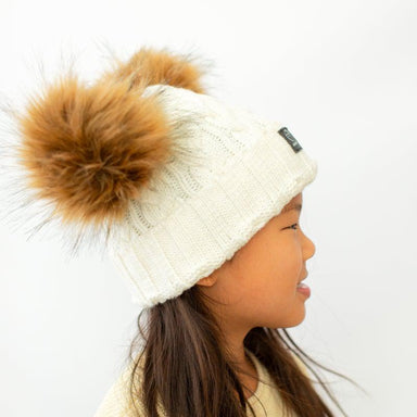 Merino Wool Snap on Double Pom Poms Braided Beanie in Ivory-Winter Beanies-Mix & Match baby beanie winter hat snap on removable pompom single or double by MKS Miminoo Arizona USA