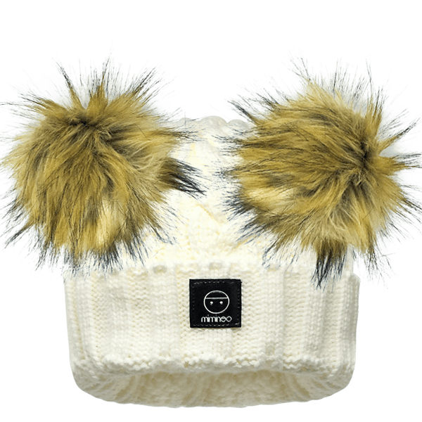 Merino Wool Snap on Double Pom Poms Braided Beanie in Ivory-Winter Beanies-Mix & Match baby beanie winter hat snap on removable pompom single or double by MKS Miminoo Arizona USA