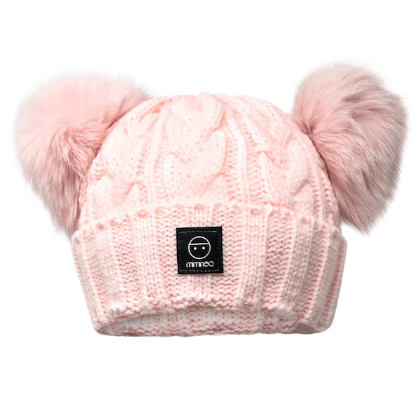 Merino Wool Snap on Double Pom Poms Braided Beanie in Pink-Winter Beanies-Mix & Match baby beanie winter hat snap on removable pompom single or double by MKS Miminoo Arizona USA