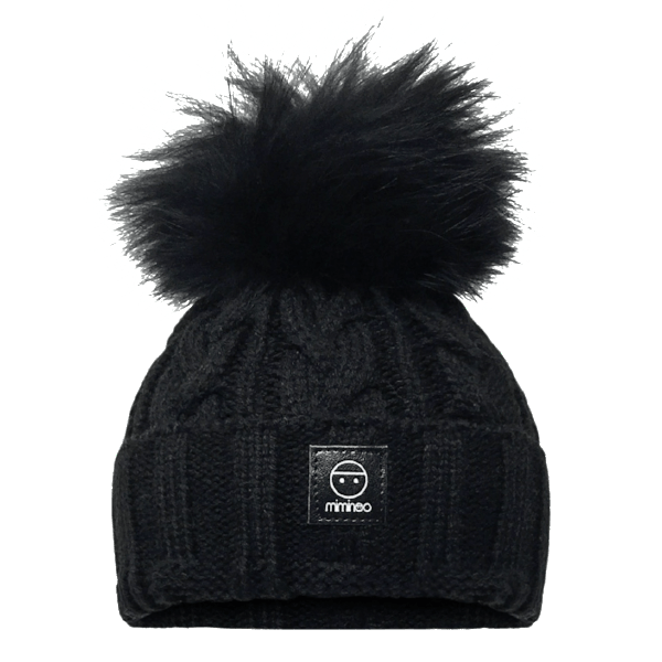 Merino Wool Snap on One Pom Braided Beanie in Black-Winter Beanies-Mix & Match baby beanie winter hat snap on removable pompom single or double by MKS Miminoo Arizona USA