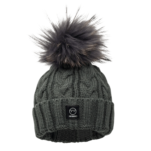 Merino Wool Single Pompom Braided Hat in Charcoal-Winter Beanies-Mix & Match baby beanie winter hat snap on removable pompom single or double by MKS Miminoo Arizona USA